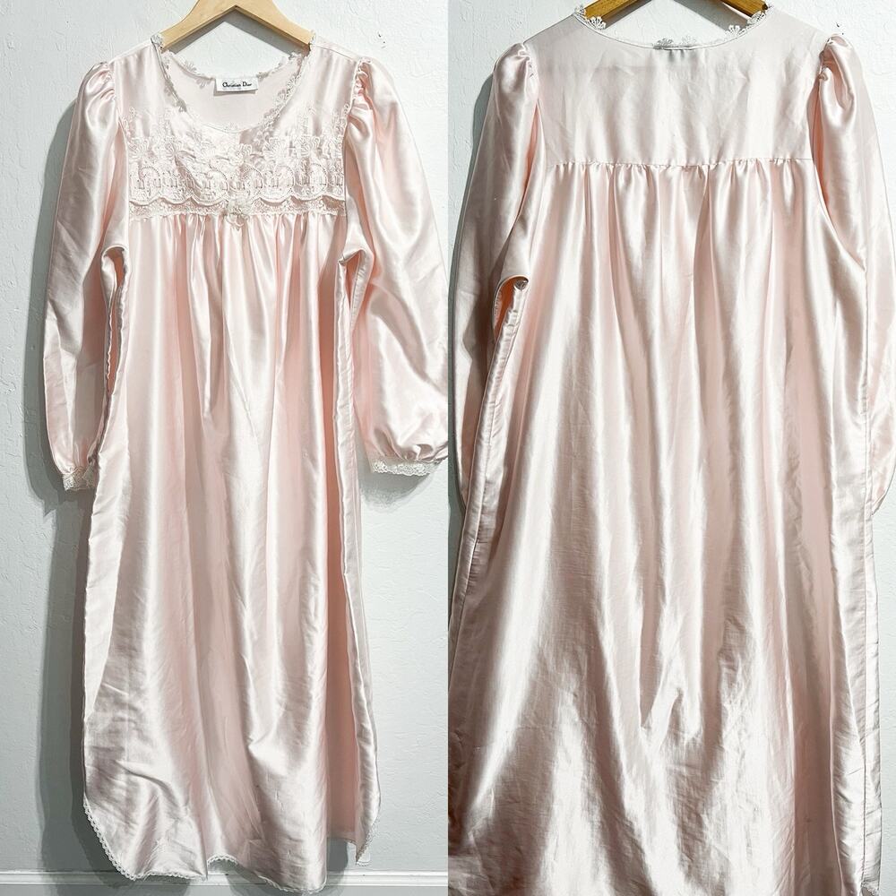 VTG Christian Dior Nightgown Large Satin Lace Trimmed Pink Pajamas